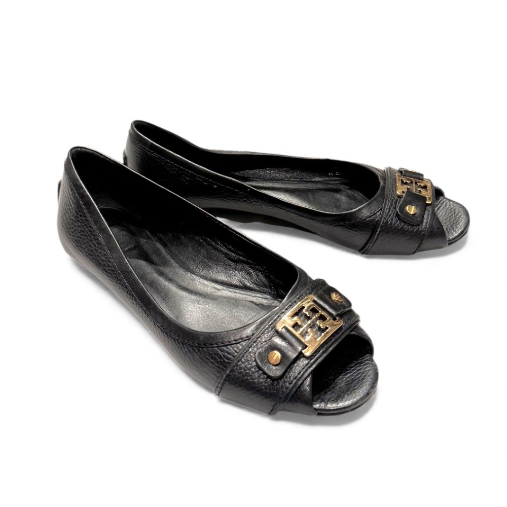 TORY BURCH Peep-Toe Leather Flats – Black – Size 8.5